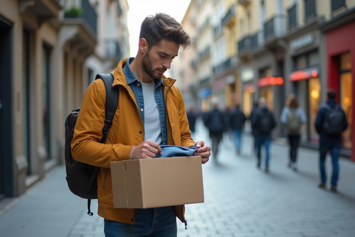 Homme vérifiant un vêtement en ville avec un colis
