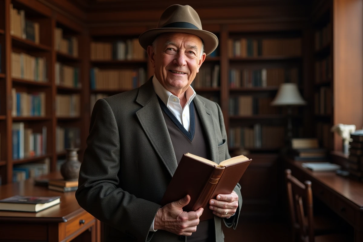 Homme âgé portant un fedora dans une bibliothèque chaleureuse