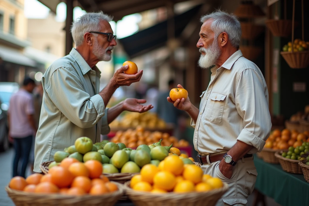Homme âgé dégustant un fruit dans un marché coloré