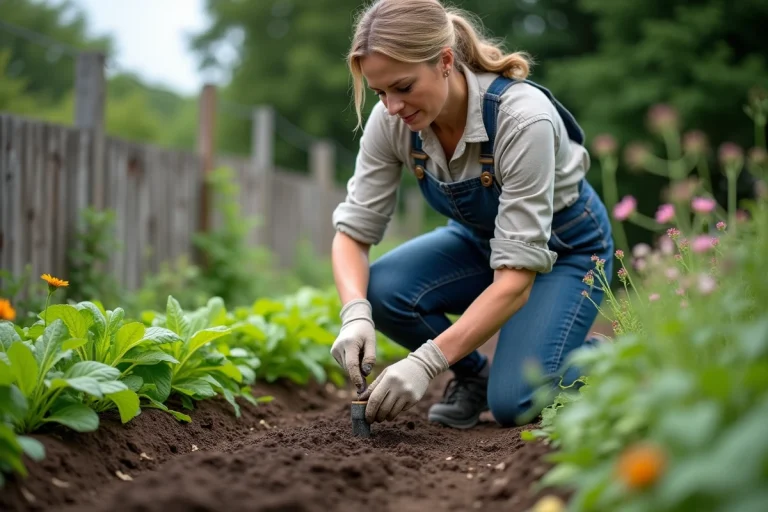Femme en tenue de jardinage utilisant une grelinette dans un jardin