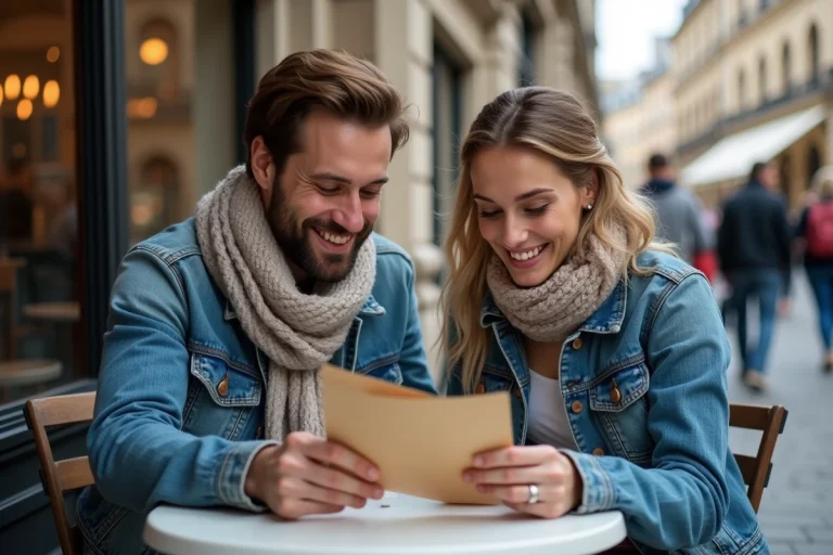 Jeune couple de mariés souriants lisant des cartes dans un café urbain