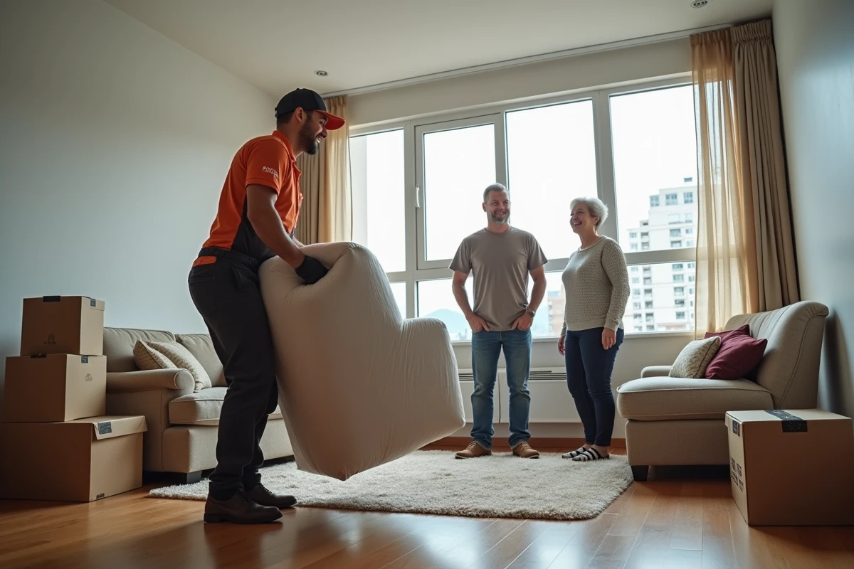 Jeune déménageur soulevant un fauteuil dans un appartement lumineux
