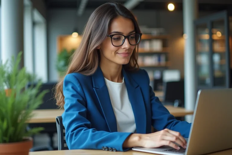 Jeune femme en blazer bleu travaillant sur un ordinateur dans un espace coworking