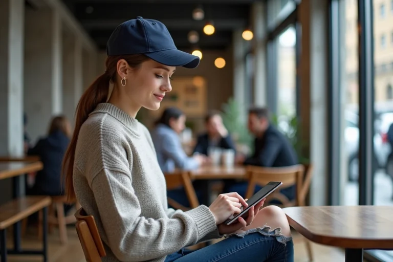 Jeune femme lisant sur une tablette dans un café moderne