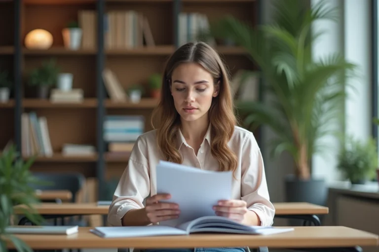 Jeune femme en étude à l'université avec brochures