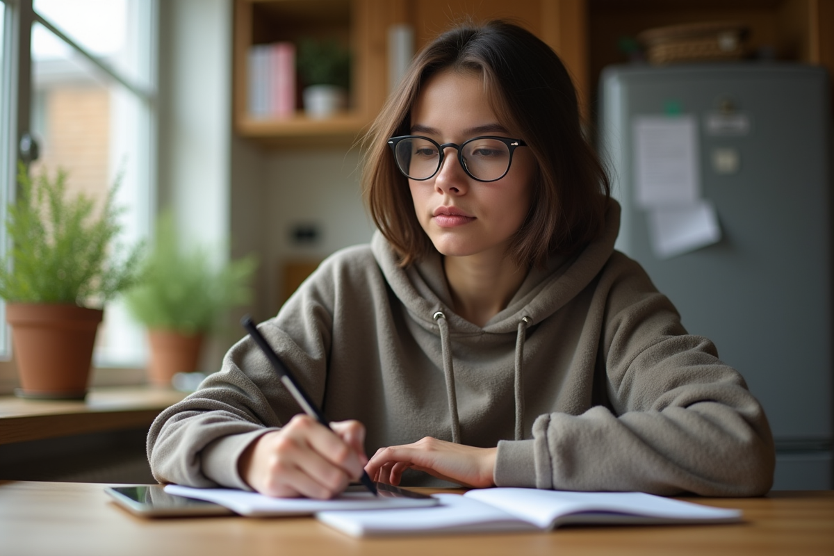 Jeune étudiante à la maison prenant des notes avec sa tablette