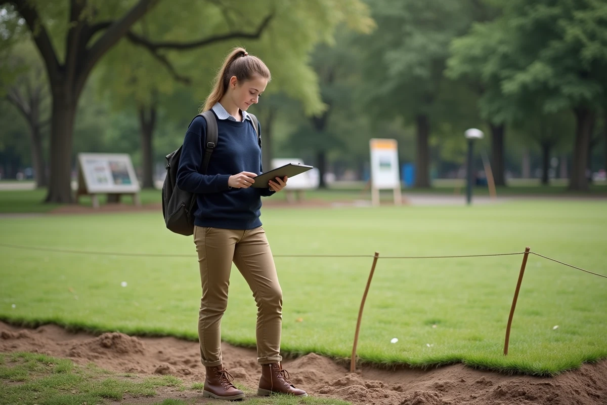 Jeune femme dans un parc urbain contrôle une pelouse fraîchement semée