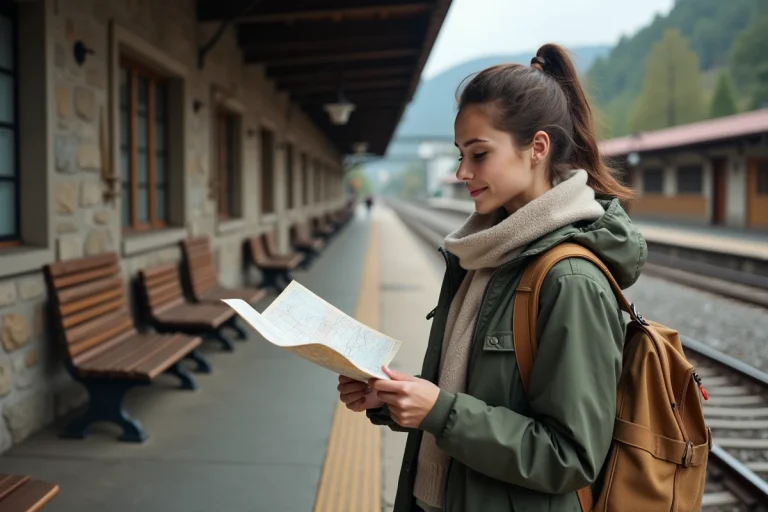 Jeune femme voyageant examine une carte sur la plateforme