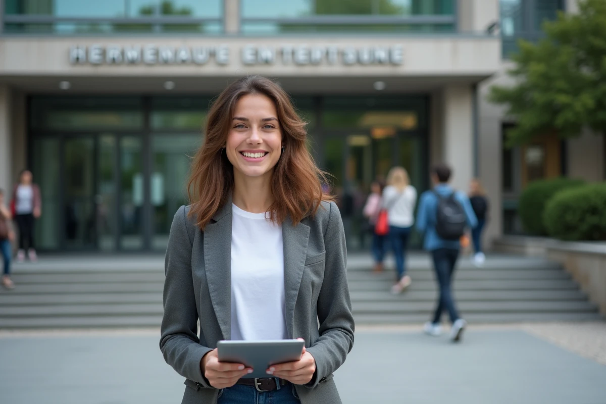 Jeune femme souriante devant école de technologie