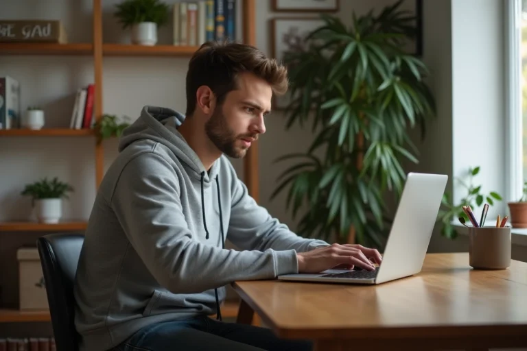 Jeune homme concentré sur son ordinateur dans un intérieur cosy