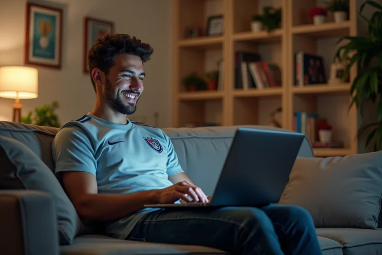 Jeune homme regardant un match de football sur son laptop à la maison