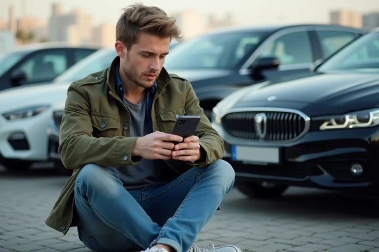 Jeune homme vérifiant l'historique d'une voiture d'occasion