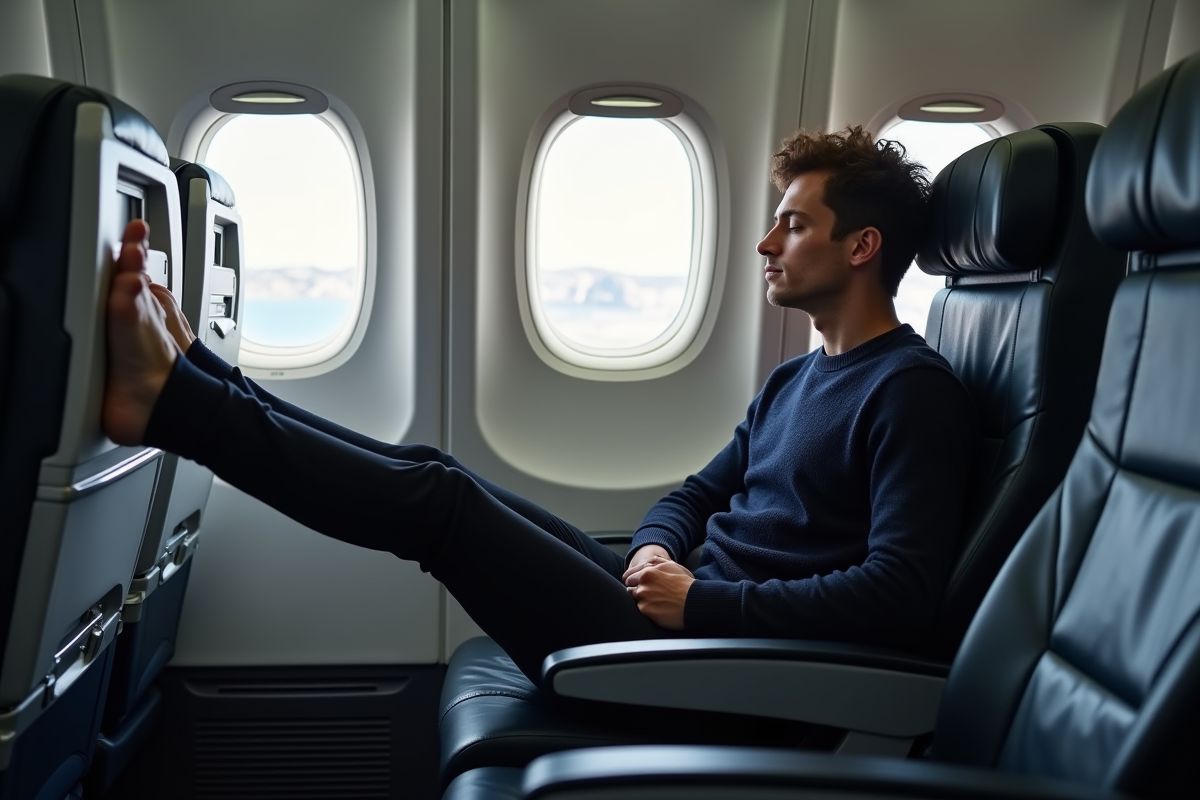 Jeune homme relaxe avec jambes étendues dans l avion