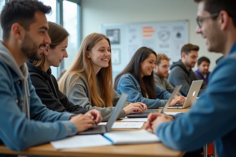 Jeunes adultes travaillant ensemble en classe moderne