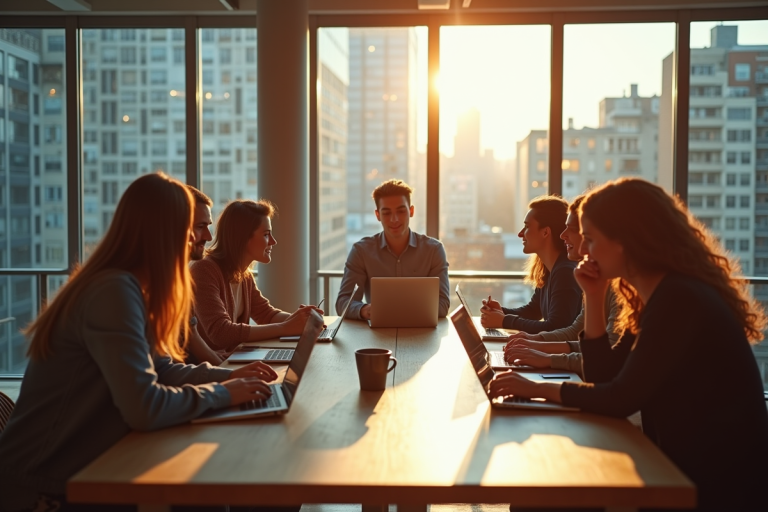 Groupe de jeunes entrepreneurs collaborant dans un espace moderne