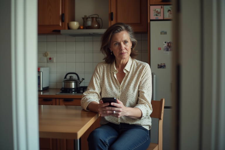 Journaliste femme dans sa cuisine moderne et chaleureuse