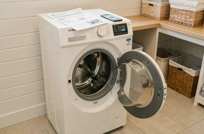 Lave-linge Samsung Eco Bubble 7kg avec hublot ouvert, manuel d'utilisation et smartphone posés dessus dans une buanderie scandinave