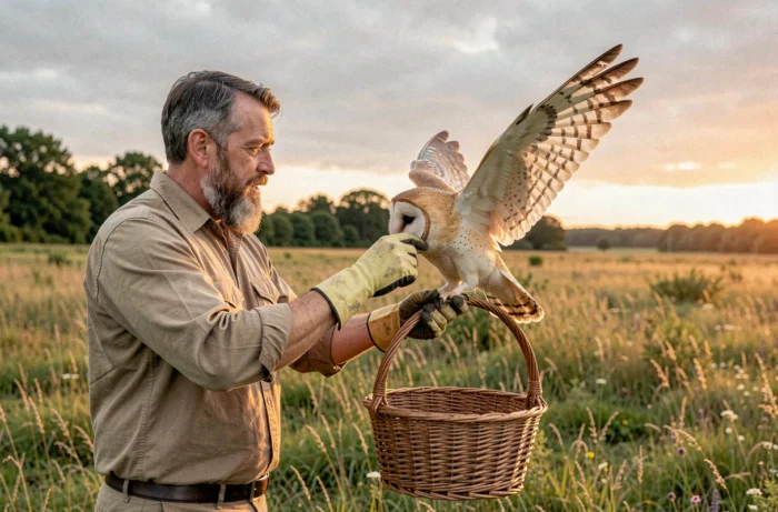 Bénévole relâchant une chouette effraie réhabilitée dans la nature, illustrant les actions de protection de la faune sauvage