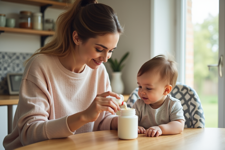 Jeune maman mesurant du lait pour bébé dans la cuisine