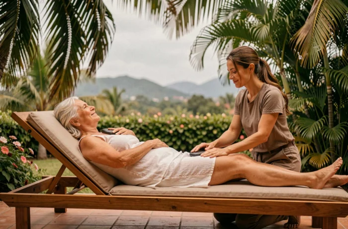 Femme en plein air recevant un massage aux pierres chaudes sur une terrasse de villa entourée de verdure tropicale