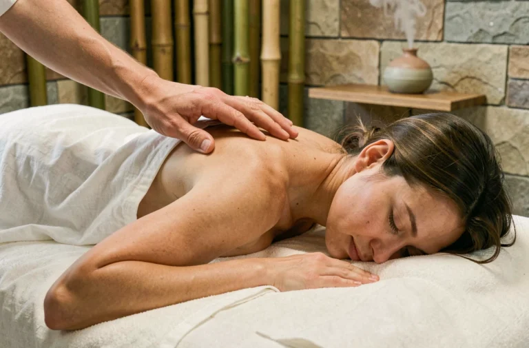 Femme recevant un massage suédois doux sur une table de soin dans un spa zen aux murs en pierre naturelle