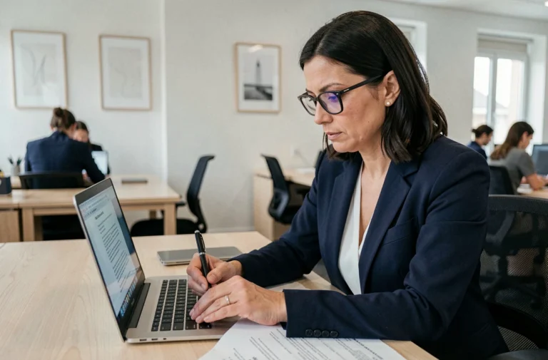 Femme professionnelle consultant des mentions légales sur un ordinateur portable dans un bureau moderne
