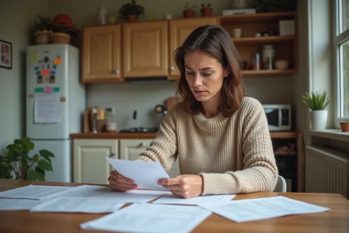 Mère célibataire en train de remplir sa déclaration fiscale à la maison, entourée de documents administratifs sur une table en bois