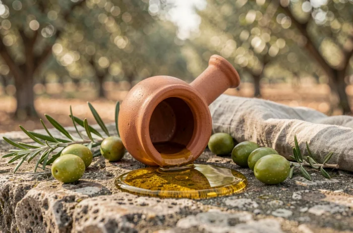 Nature morte avec une cruche d'huile renversée sur pierre entourée d'olives et de romarin dans un oliveraie