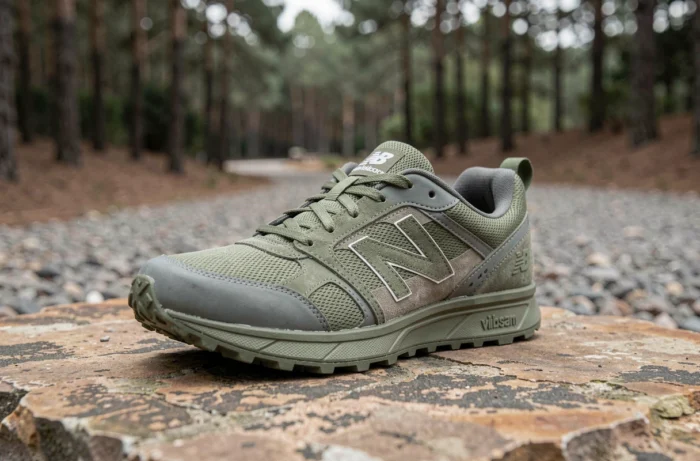 New Balance Minimus TR V2 femme posée sur une surface rocheuse naturelle près d'un sentier de fitness