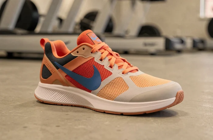 Basket Nike Metcon 9 pour femme posée sur un sol en béton de salle de sport, vue de trois quarts