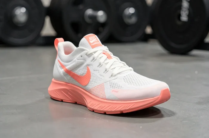 Nike SuperRep Go 3 femme posée sur le sol d'une salle de sport avec haltères flous en arrière-plan