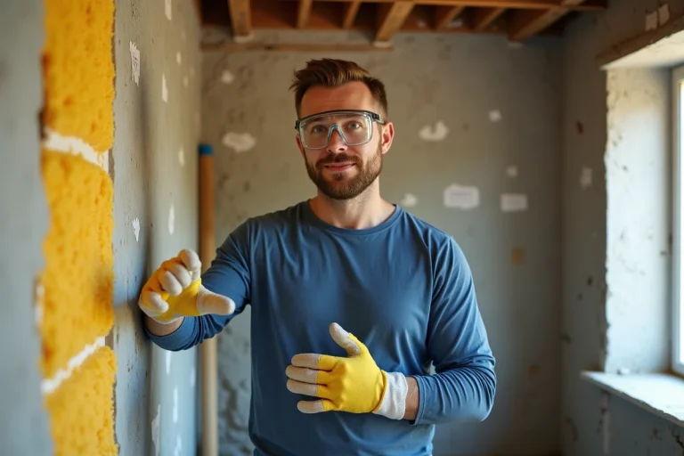 Ouvrier de construction pointant l'isolation en fibre de verre