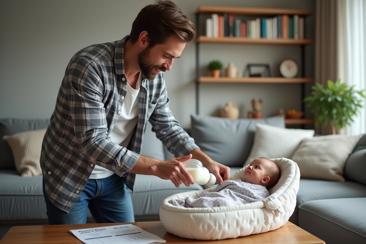 Pere préparant le biberon de lait dans le salon familial