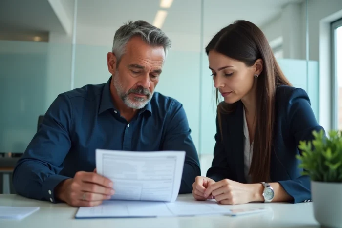 Parent isolé consultant un conseiller fiscal dans un bureau moderne pour comprendre la case L de la déclaration d'impôts