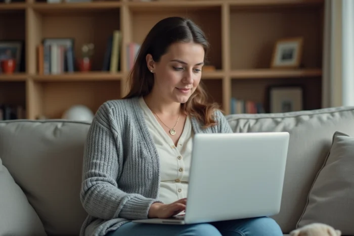 Mère seule remplissant en ligne sa déclaration d'impôts en tant que parent isolé depuis son salon avec un ordinateur portable