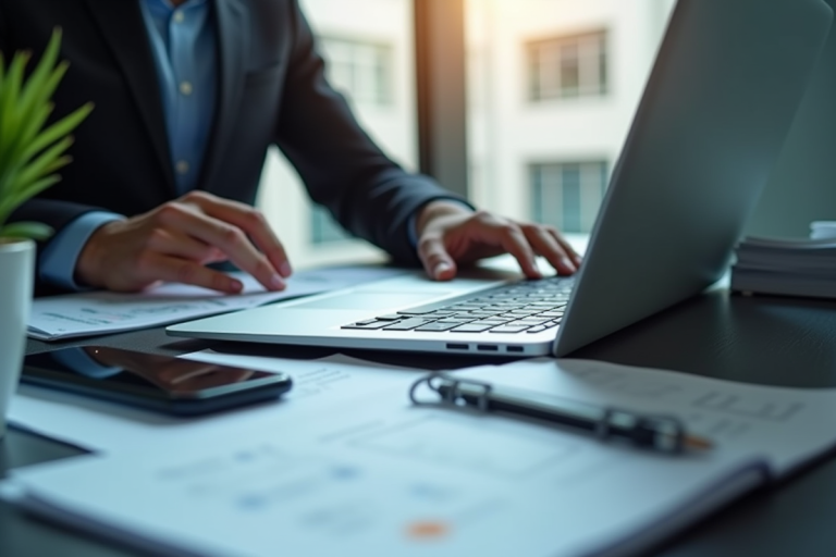 Personne en affaires examinant documents et ordinateur