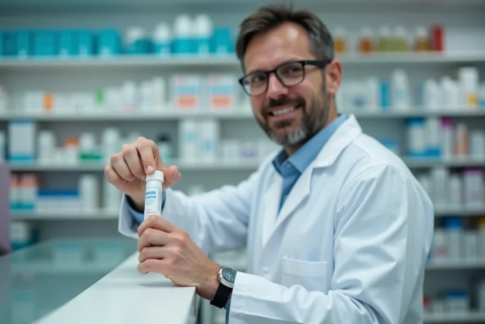 Pharmacien présentant un traitement en gel pour soigner les aphtes buccaux