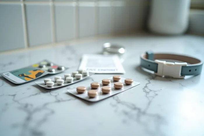 Vue à plat d'une boîte de pilules contraceptives vétérinaires pour chat avec notice et accessoires sur comptoir en marbre
