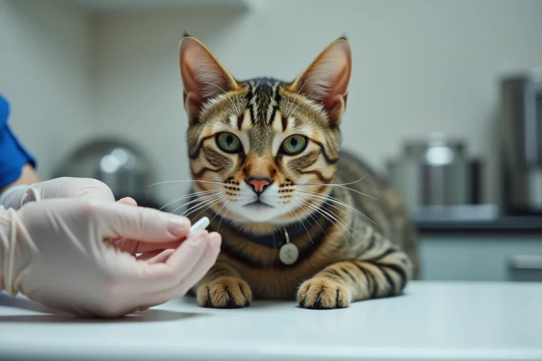 Vétérinaire administrant une pilule contraceptive à une chatte tigrée sur une table d'examen clinique