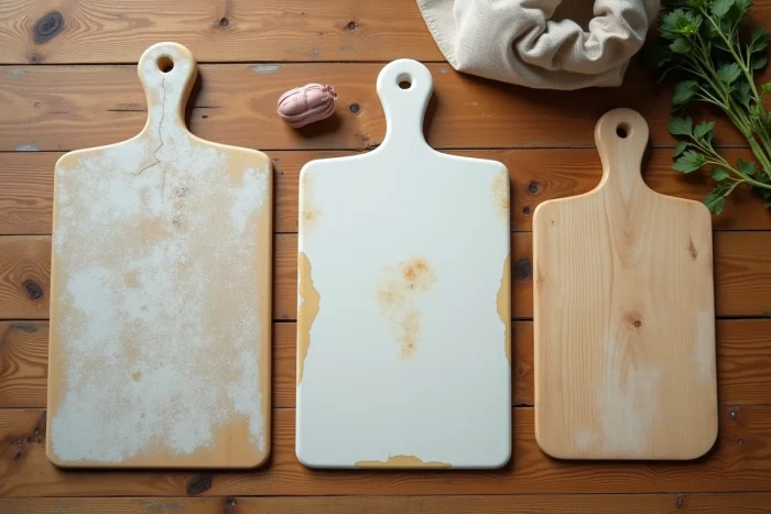 Vue de dessus de planches à découper en plastique usagées posées sur une table en bois avec un guide de recyclage, illustrant comment les trier