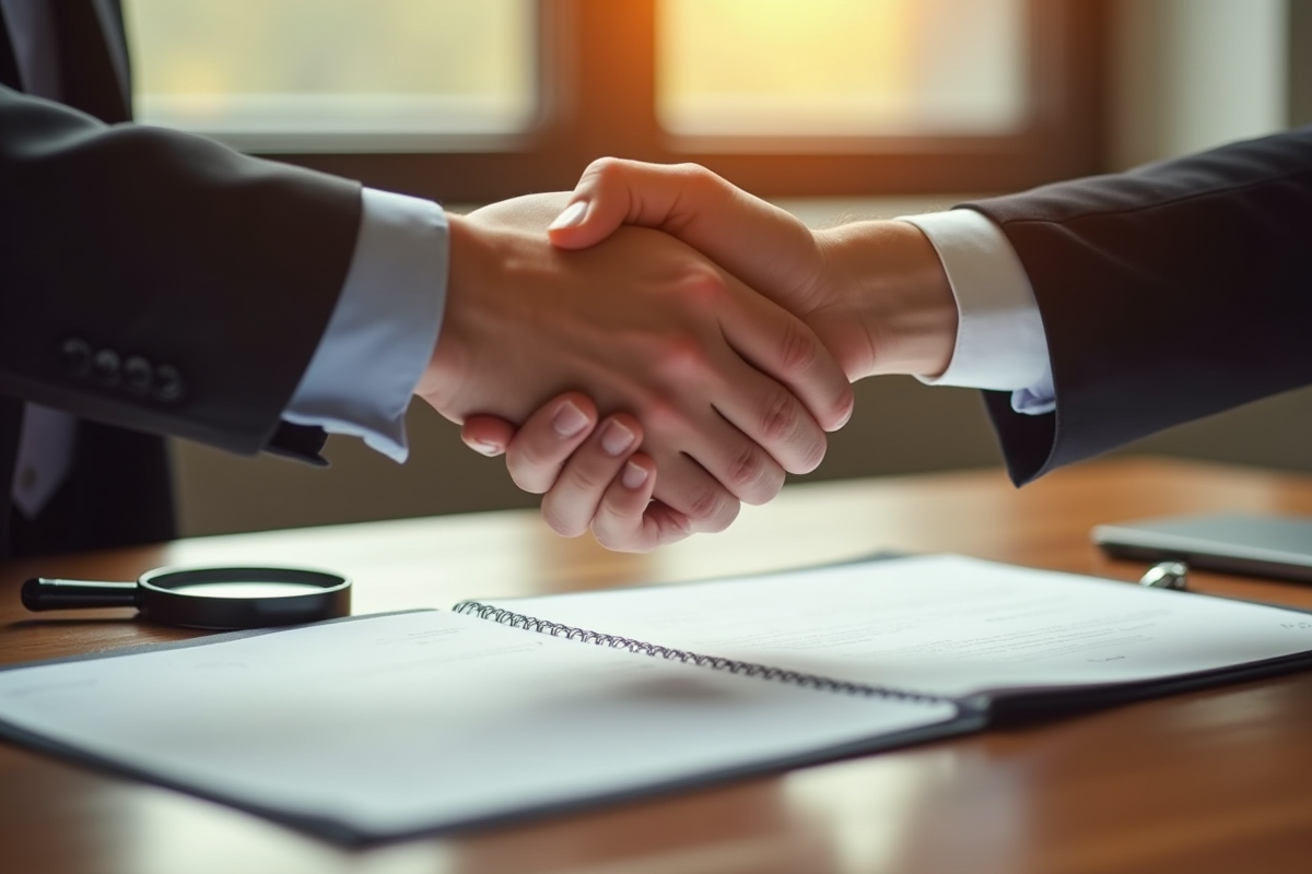 Poignee de contrat avec loupe et carnet sur la table