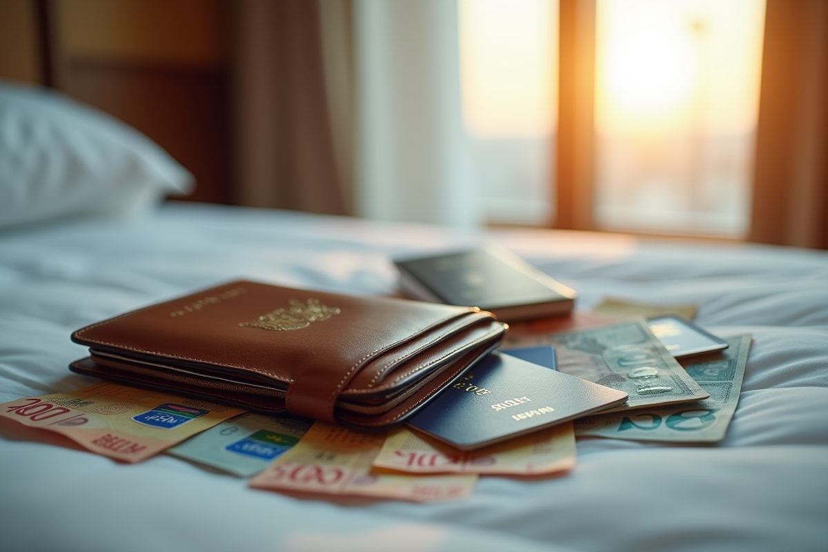 Portefeuille de voyage avec billets et cartes sur lit d