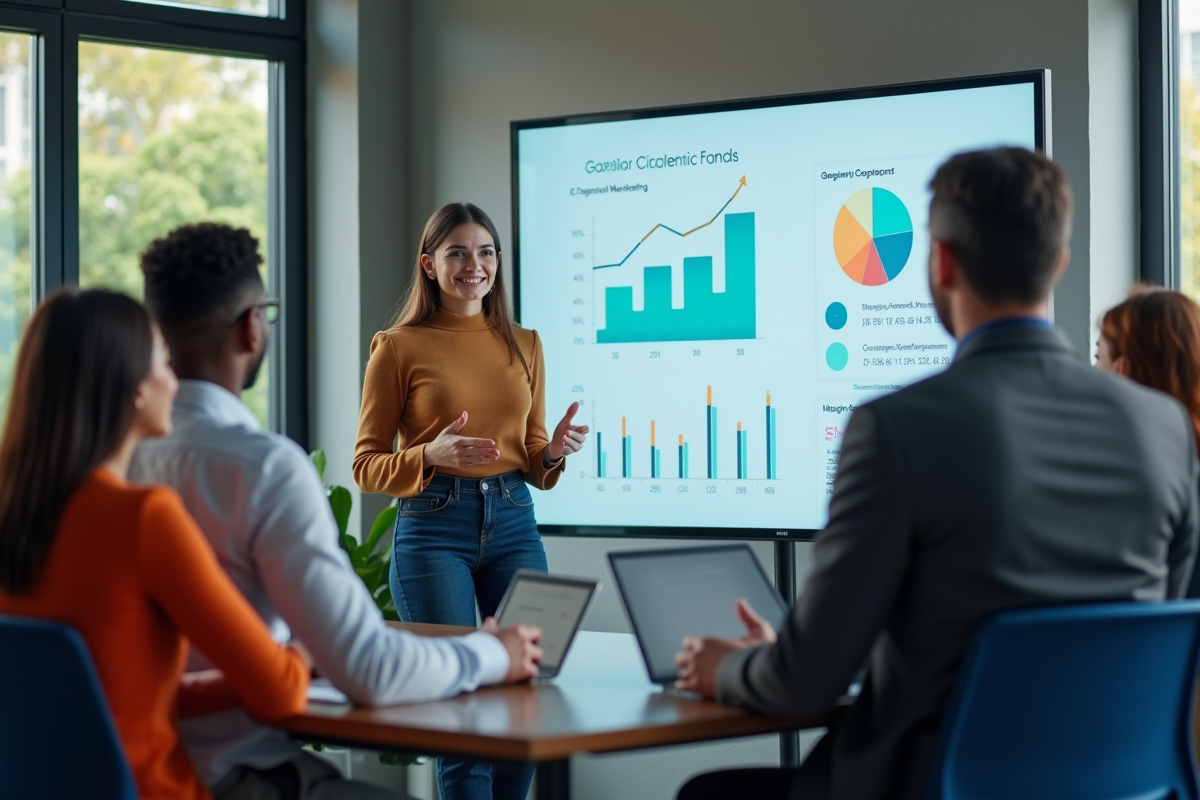 Femme confiante présentant des graphiques marketing devant ses collègues