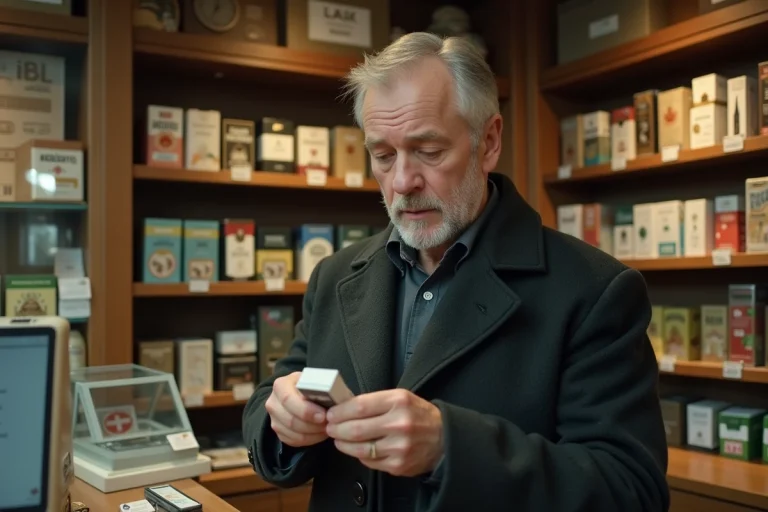 Un homme en manteau sombre examine un paquet de cigarettes au comptoir d'un bureau de tabac suisse, avec des étiquettes de prix visibles en arrière-plan