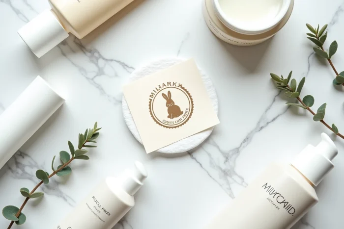 Plat de produits cosmétiques avec logo cruelty free sur marbre blanc, symbolisant l'éthique des tests sur animaux