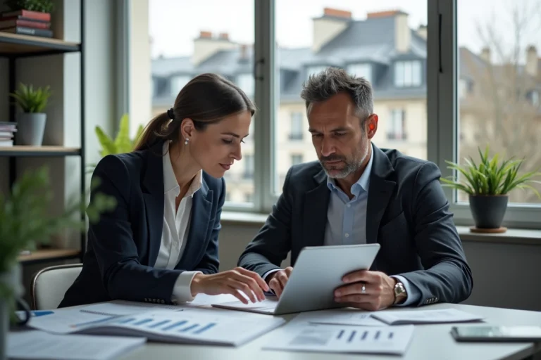 Homme et femme d'affaires en réunion immobilière à Paris