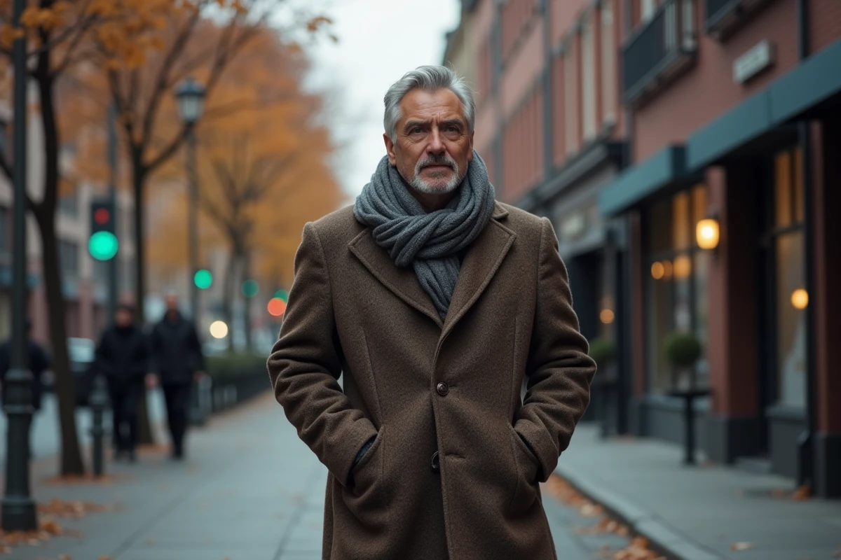 Homme marche dans une rue automnale calme