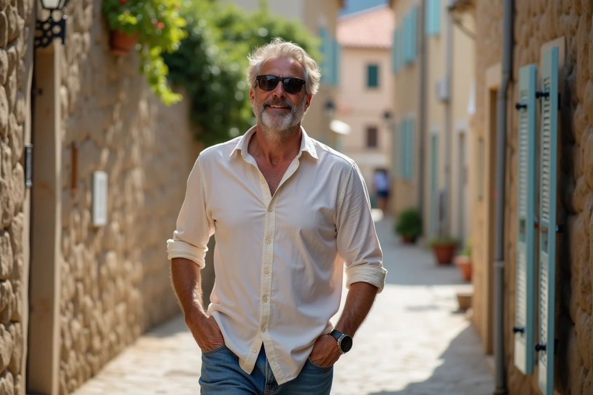 Homme marchant dans un village corse ensoleille