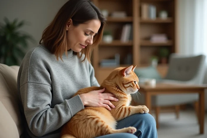 Femme examinant le ventre gonflé de son chat orange à la maison