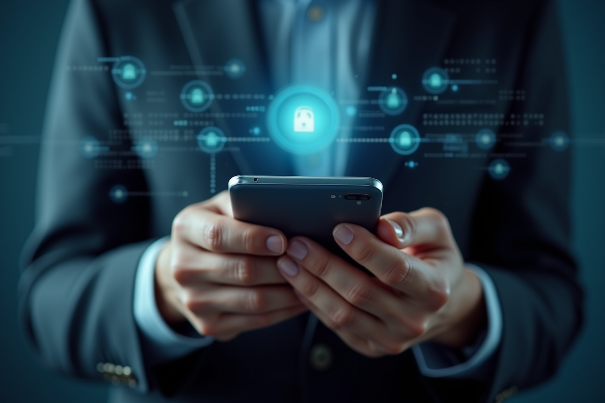 Mains couvrant un smartphone avec icônes de confidentialité